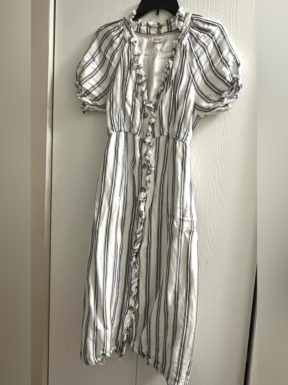 Pilcro Anthropologie Linen Blend Ruffle Midi Dress | Gray Blue Stripe | Size 14
